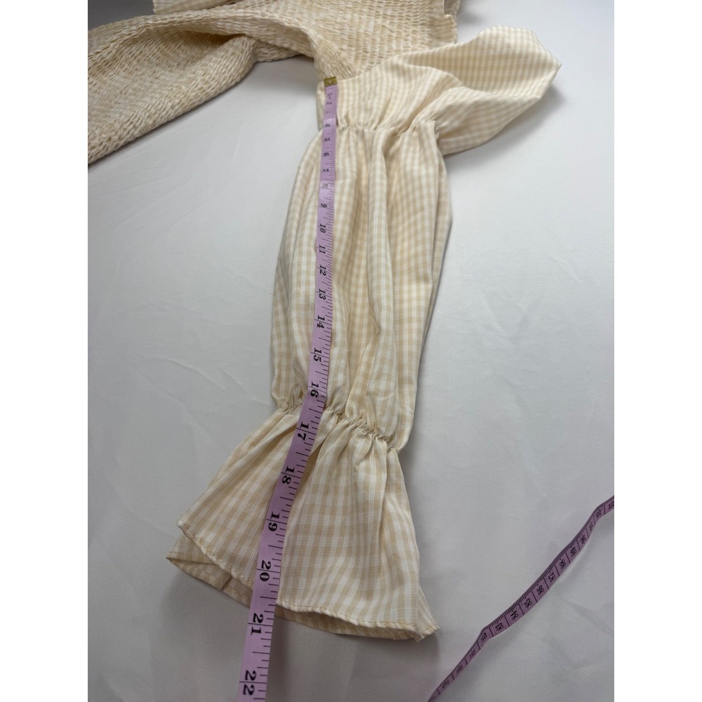 SNDYS US 10 Beige Gingham Smocked Midi Dress Cottagecore Puff Sleeve - Picture 7 of 9